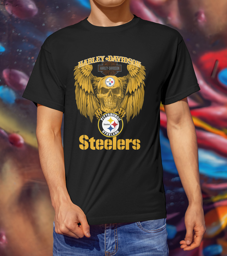 Harley Davidson Pittsburgh Steelers Skull Motor Cycles Winged T-Shirt