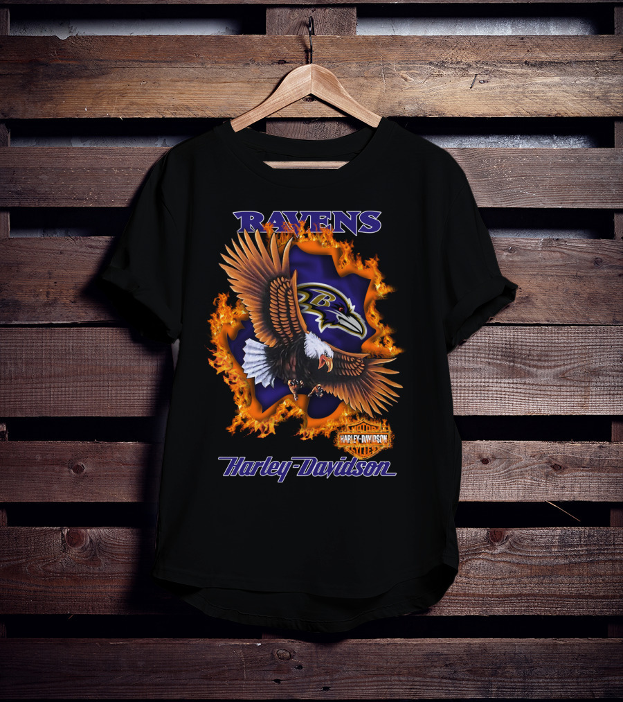 Ravens Harley Davidson Baltimore Ravens Logo Eagle Fire T-Shirt