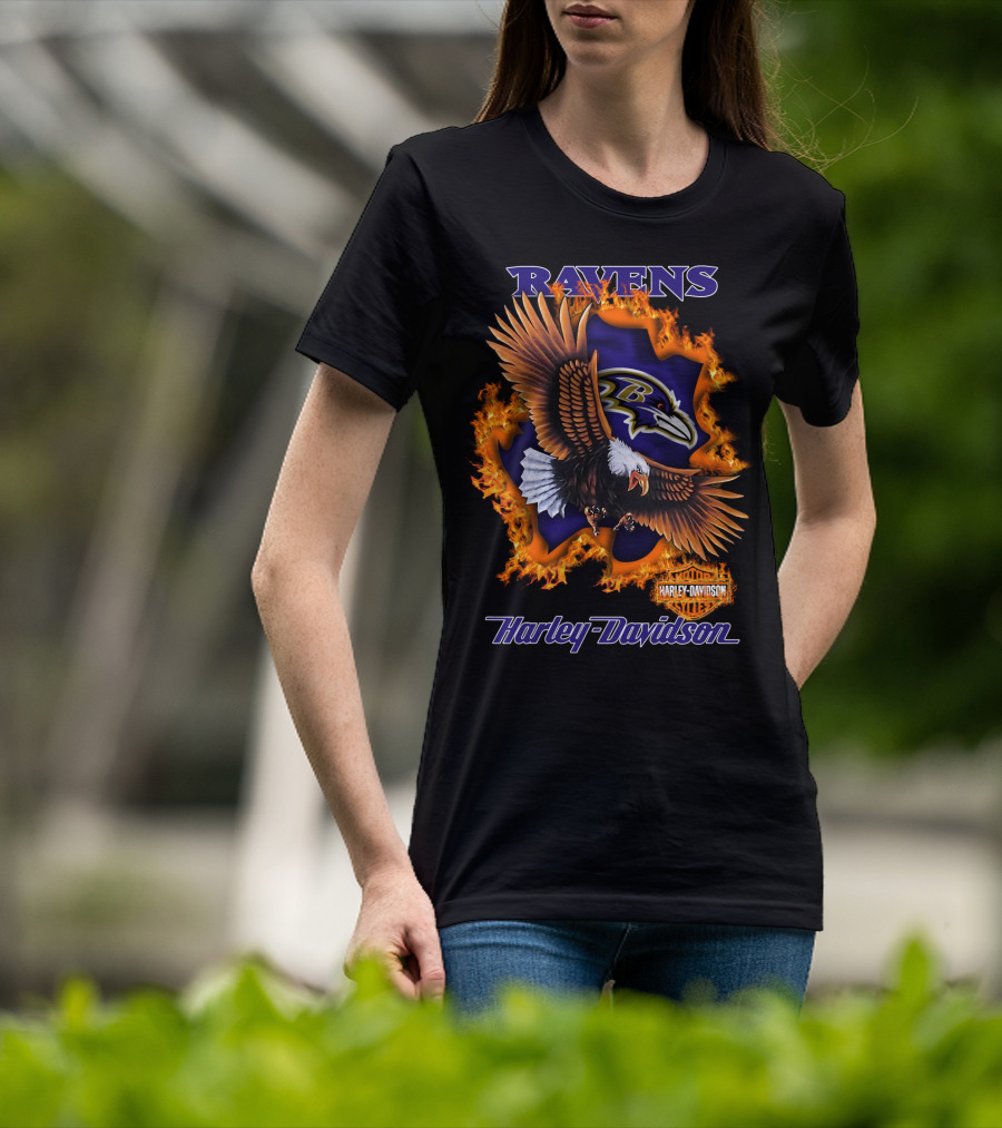 Ravens Harley Davidson Baltimore Ravens Logo Eagle Fire T-Shirt