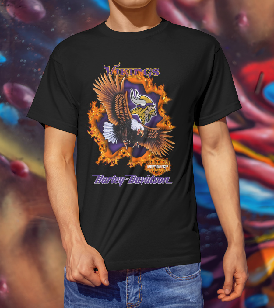 Vikings Harley Davidson Bald Eagle Fire T-Shirt