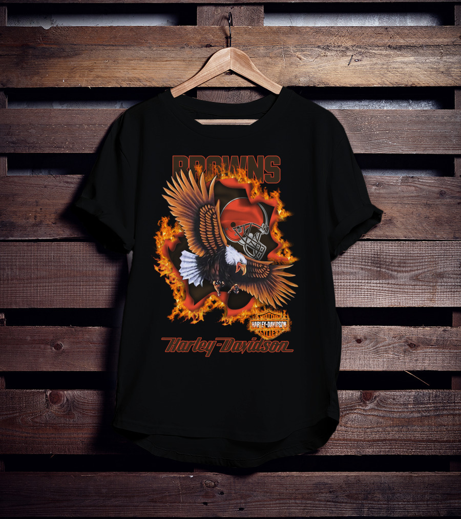Browns Harley Davidson Nfl 84 Cleveland Browns Eagle Helmet Flames T-Shirt