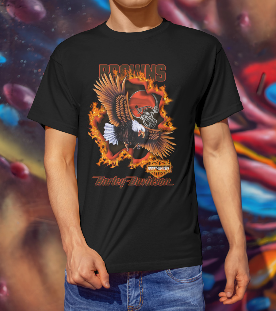 Browns Harley Davidson Nfl 84 Cleveland Browns Eagle Helmet Flames T-Shirt