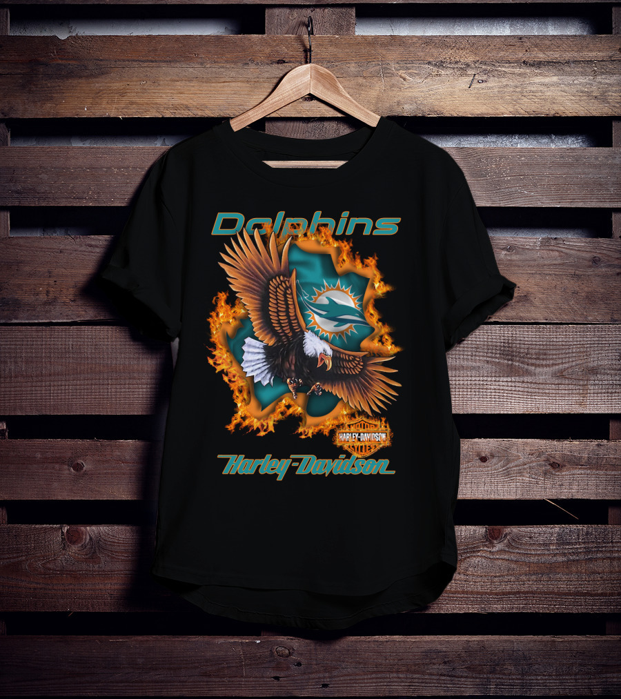 Miami Dolphins Harley Davidson Nfl 84 Bald Eagle Flames T-Shirt