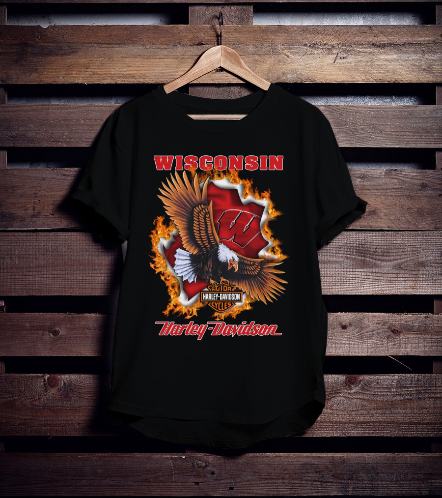 Wisconsin Harley Davidson Ncaa Badgers Flames Eagle T-Shirt