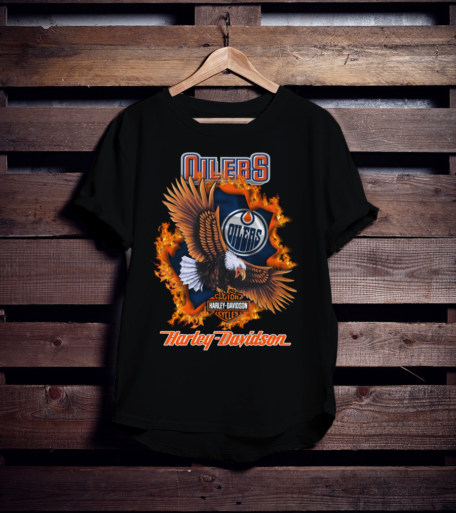 Oilers Edmonton Oilers Harley Davidson Cycles Eagle Flame T-Shirt