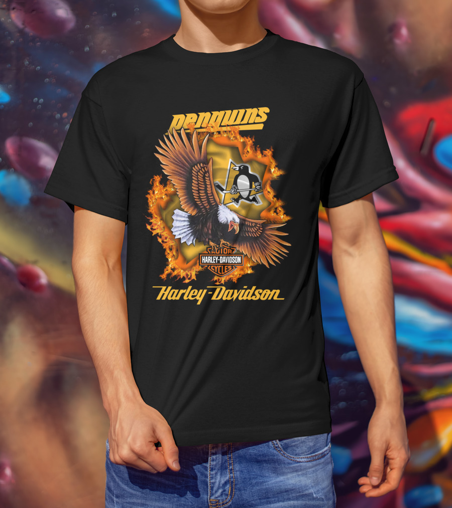 Harley Davidson Pittsburgh Penguins Nhl Eagles Flames T-Shirt
