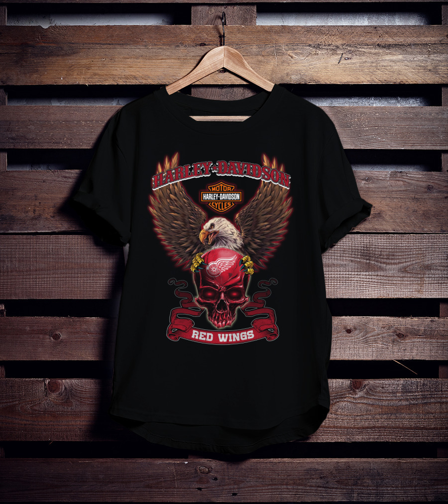 Harley Davidson Red Wings Skull And Eagle Motor Cycles T-Shirt