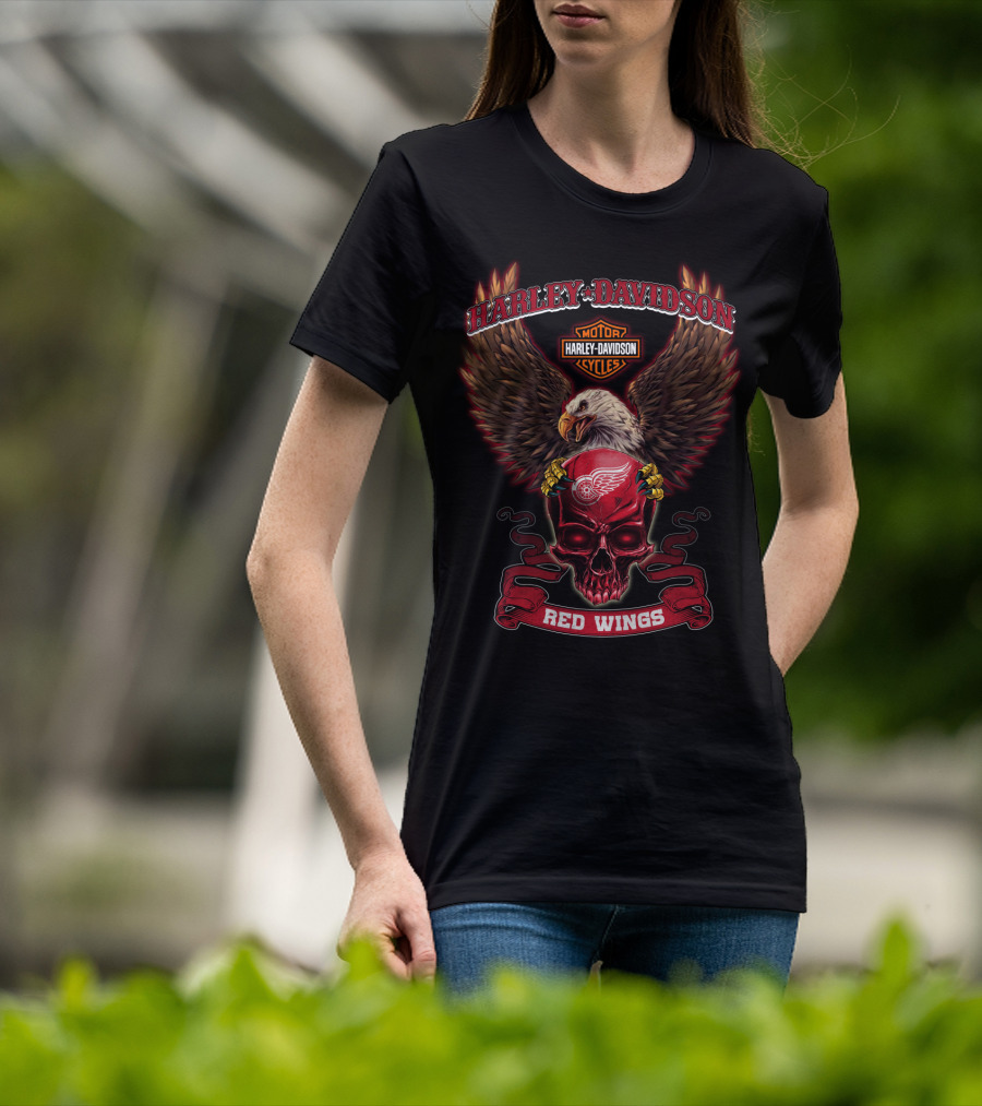 Harley Davidson Red Wings Skull And Eagle Motor Cycles T-Shirt