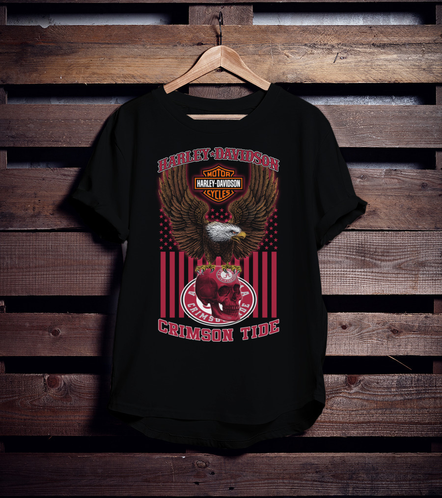 Harley Davidson Motor Cycles Eagle Skull Crimson Tide Alabama T-Shirt