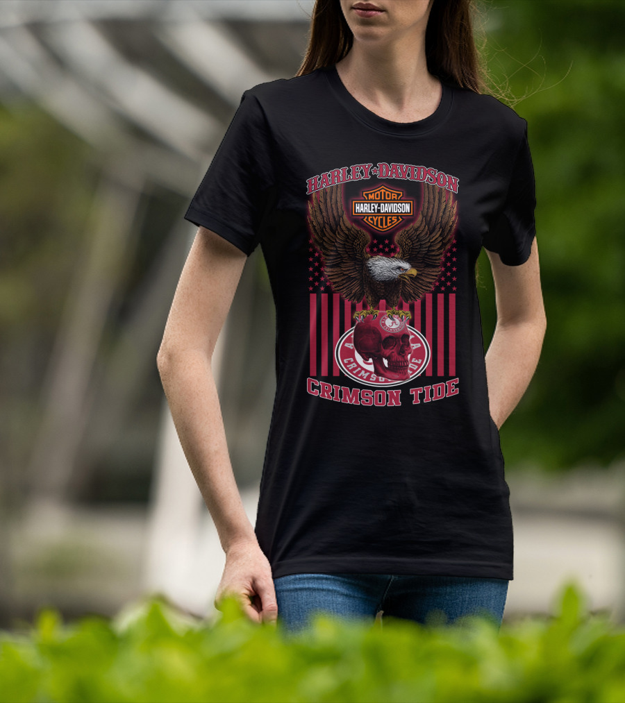 Harley Davidson Motor Cycles Eagle Skull Crimson Tide Alabama T-Shirt