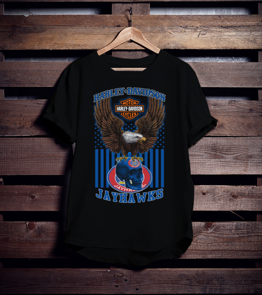 Harley Davidson Motor Cycles Kansas Jayhawks Eagles And Skull T-Shirt