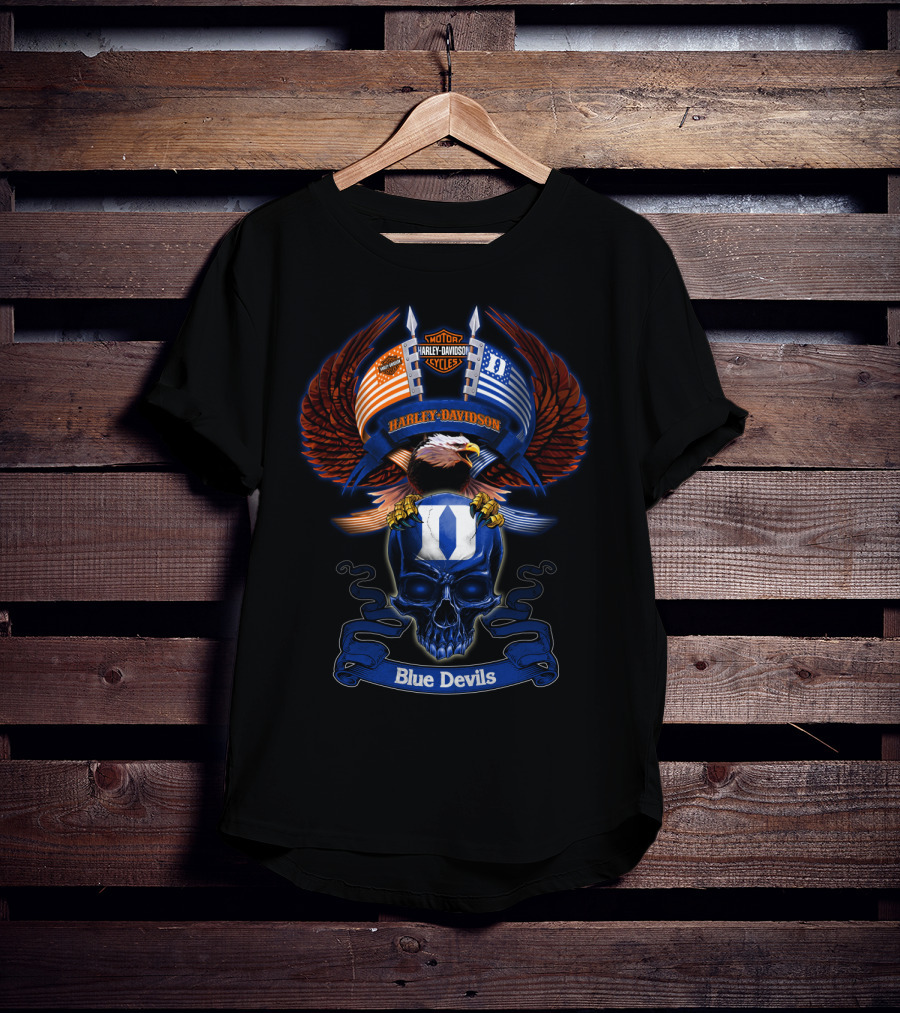 Harley Davidson Motor Cycles Eagle Skull Blue Devils T-Shirt