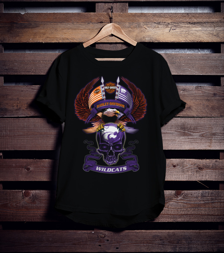 Harley Davidson Motor Cycles Kansas State Wildcats Bald Eagle Skull Wings T-Shirt