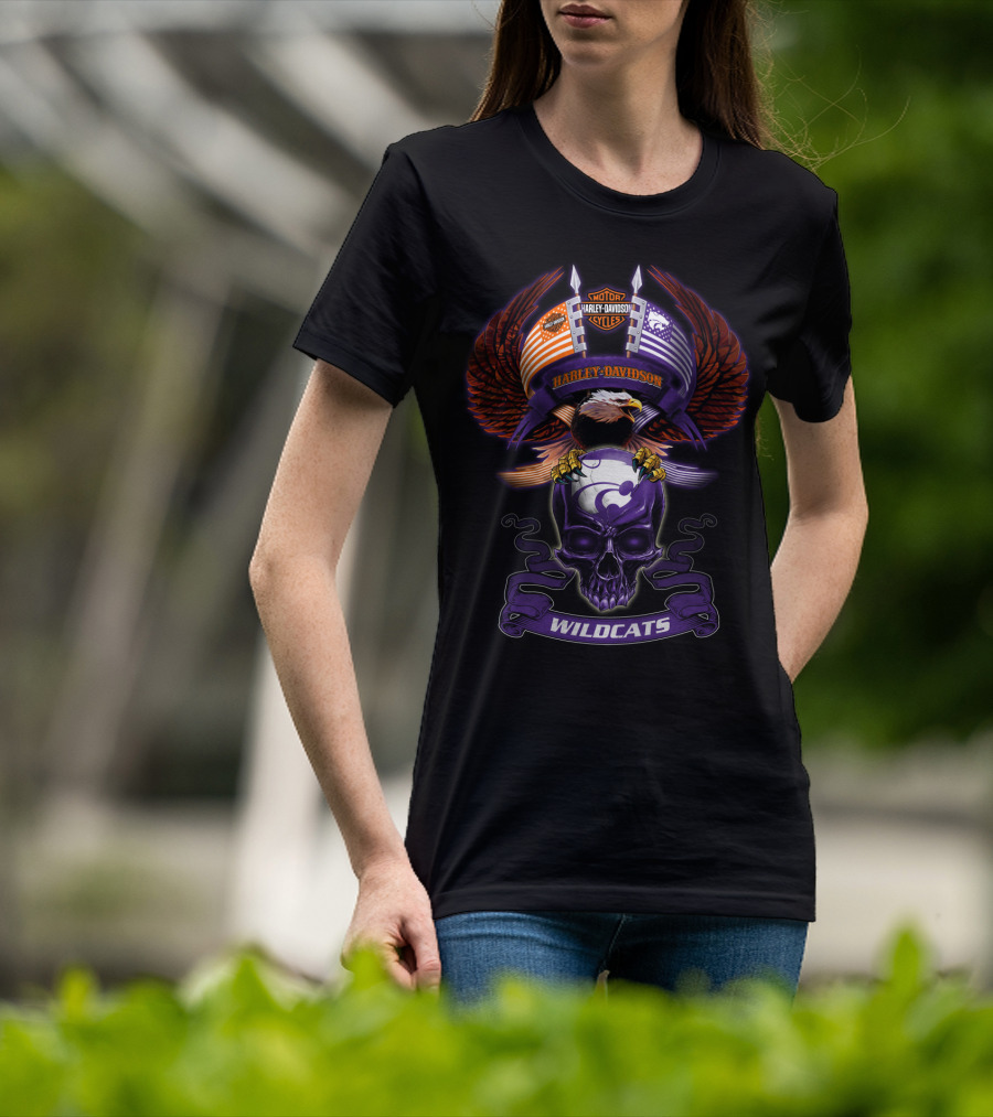 Harley Davidson Motor Cycles Kansas State Wildcats Bald Eagle Skull Wings T-Shirt