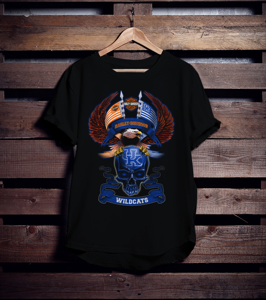 Harley Davidson Kentucky Wildcats Skull And American Flag Eagle T-Shirt