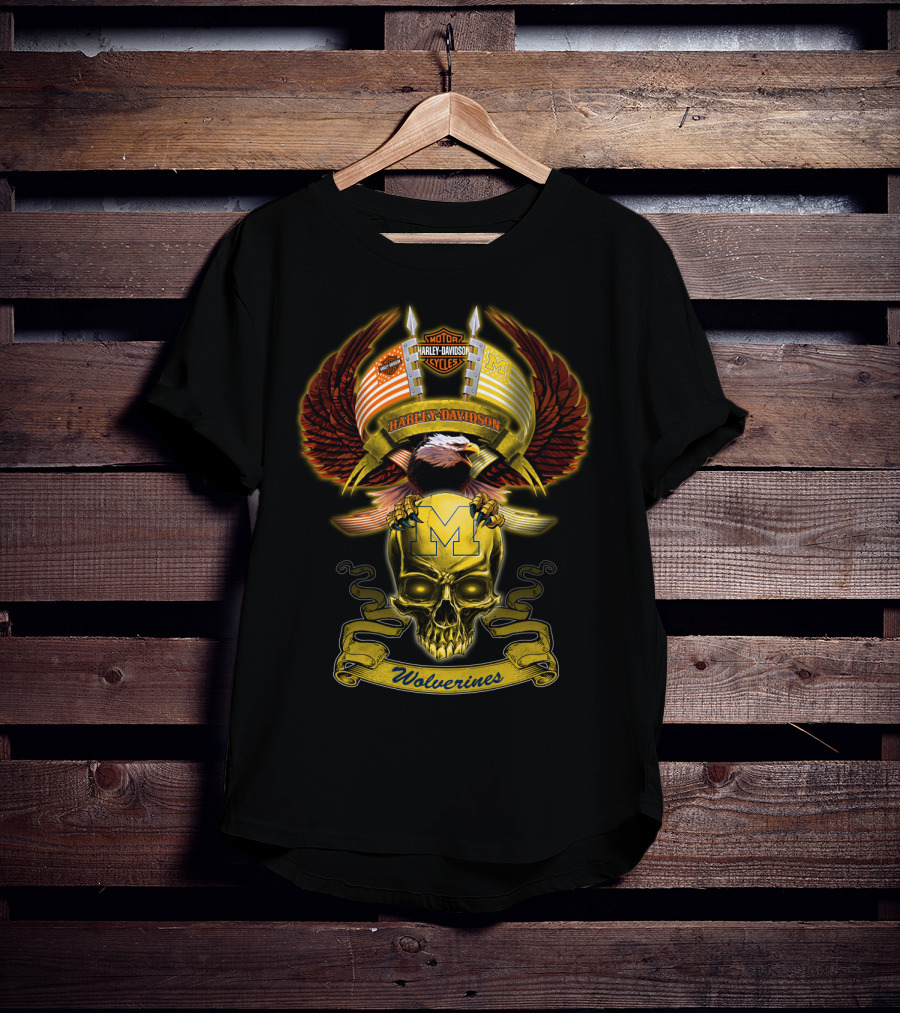 Motorcycles Harley Davidson Michigan Wolverines M Skull Eagle Wings T-Shirt