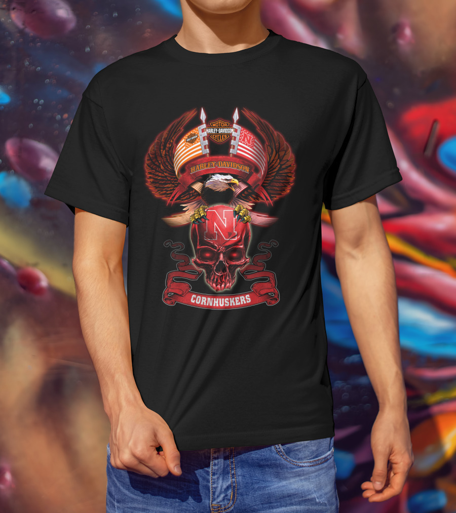 Harley Davidson Motorcycles Nebraska Cornhuskers Eagle And Skull T-Shirt