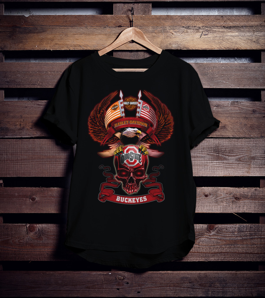 Harley Davidson Motorcycles Ohio State Buckeyes Eagle Skulls T-Shirt