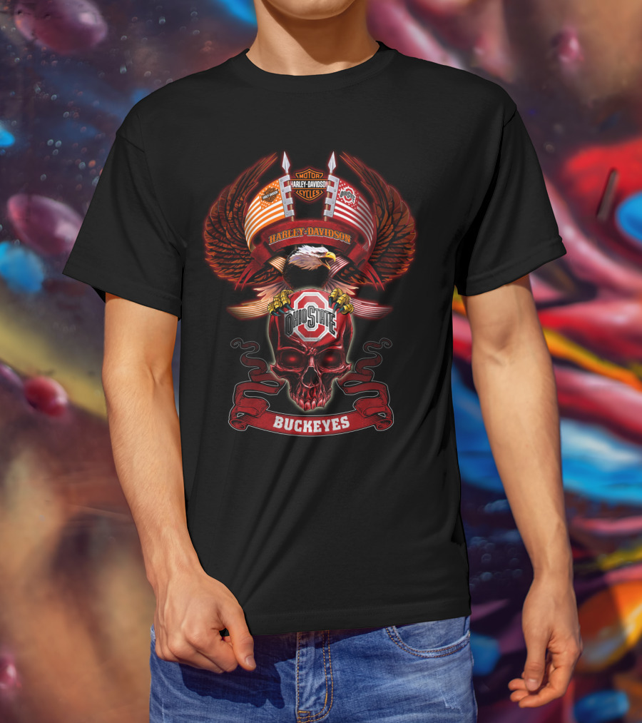 Harley Davidson Motorcycles Ohio State Buckeyes Eagle Skulls T-Shirt