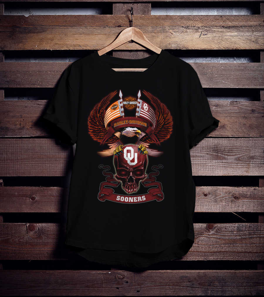 Harley Davidson Motor Cycles Oklahoma Sooners Ou Bald Eagle American Flag Skulls T-Shirt