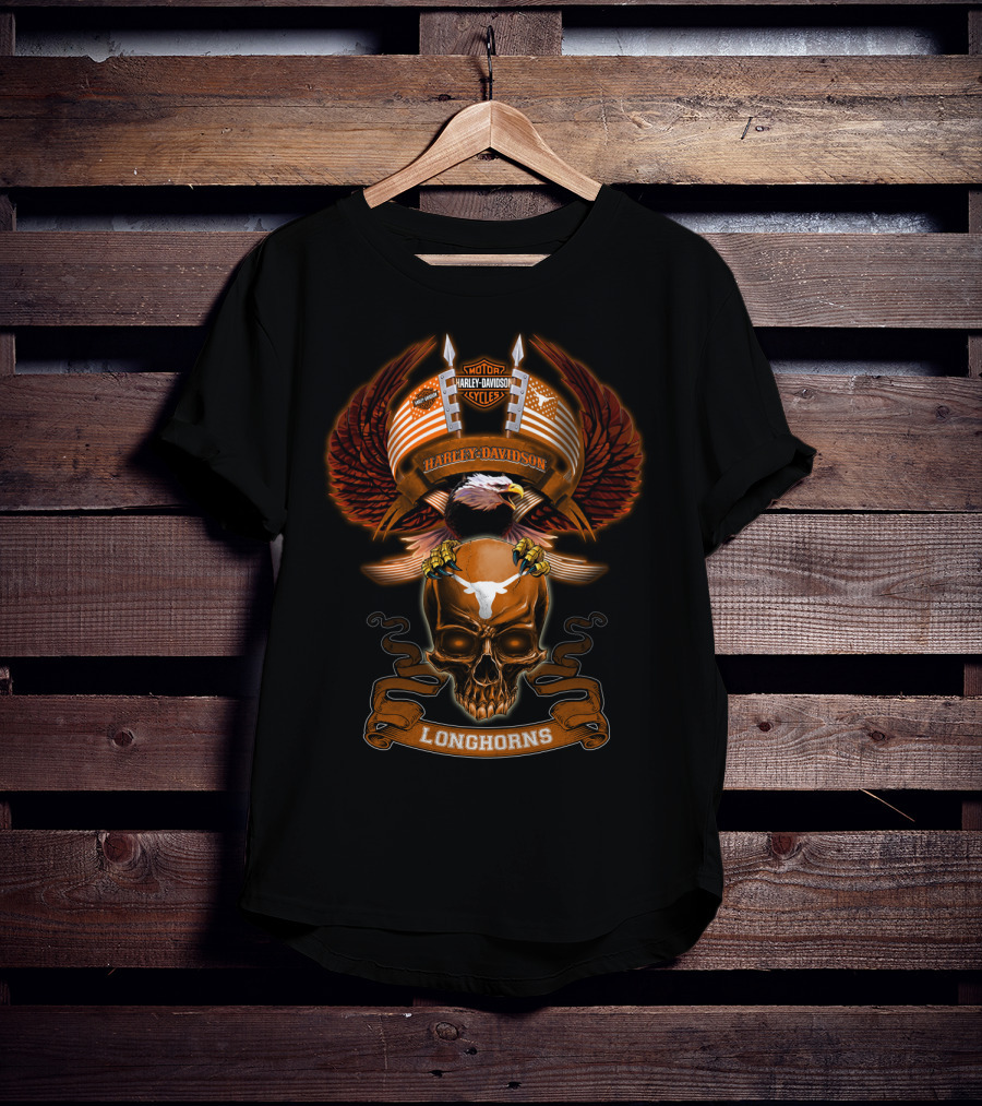 Harley Davidson Texas Longhorns Eagle Skull Wings T-Shirt