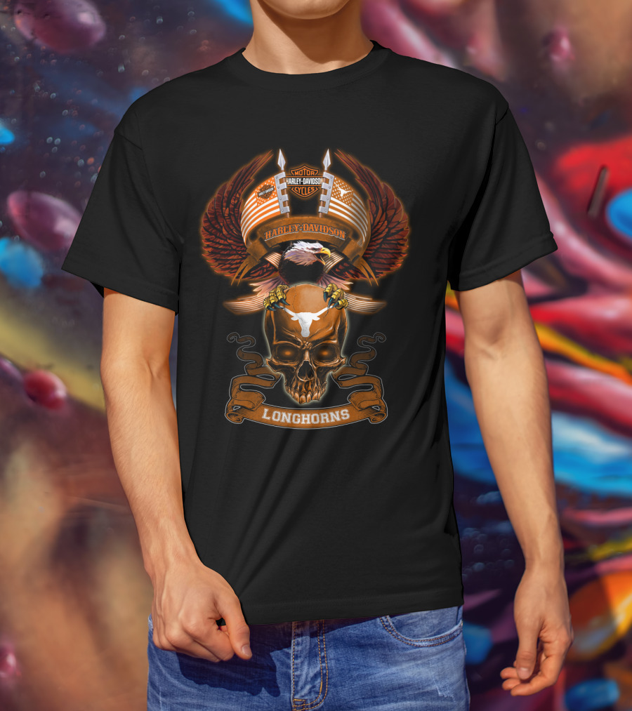 Harley Davidson Texas Longhorns Eagle Skull Wings T-Shirt