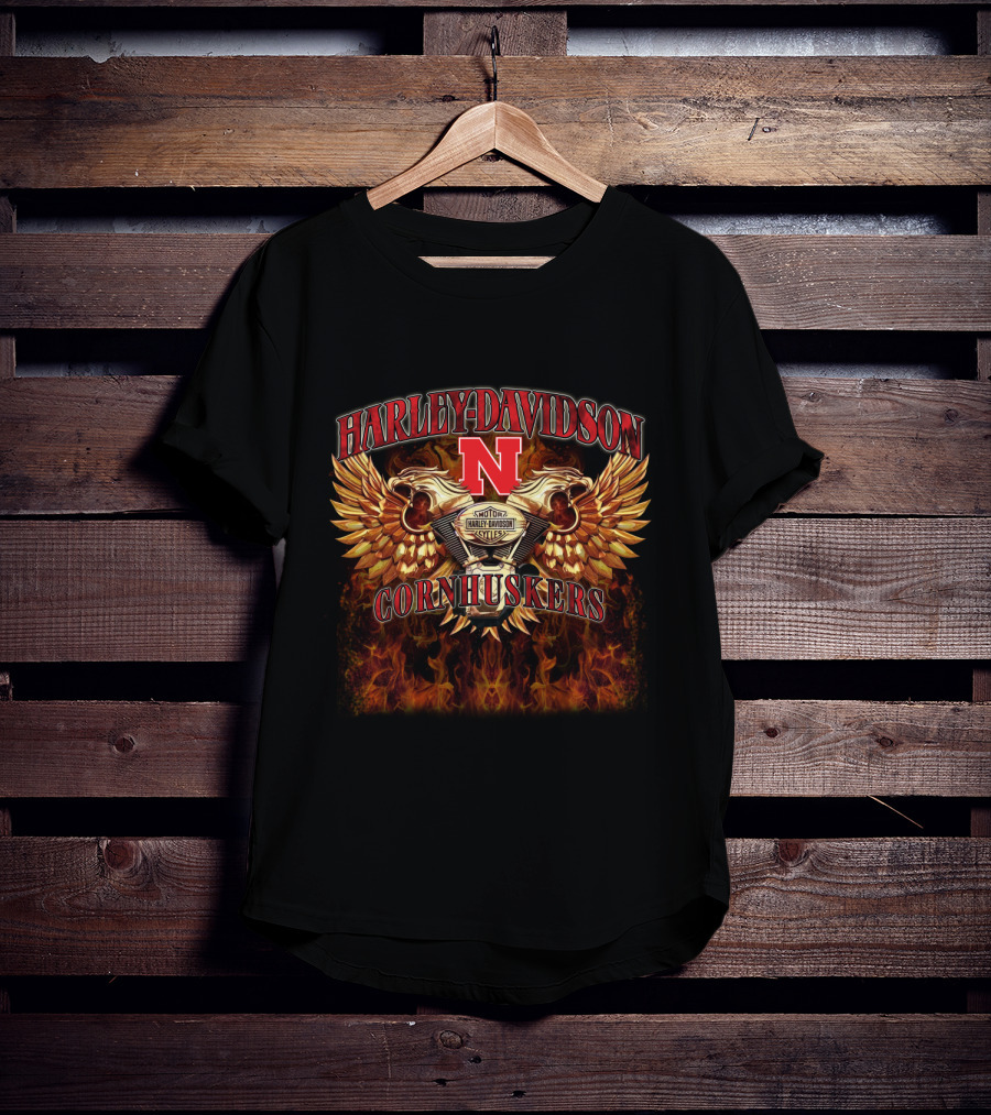 Harley Davidson Nebraska Cornhuskers N Logo With Wings And Flames T-Shirt