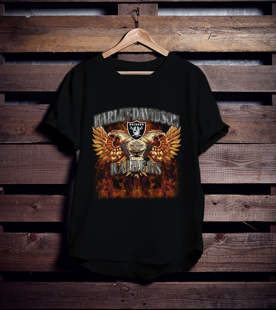 Harley Davidson Raiders Las Vegas Raiders Motorcycle Styles Flames Wings T-Shirt
