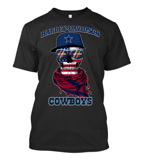 Harley Davidson Usa Cowboys Skull With Flag Bandana And Star Cap T-Shirt