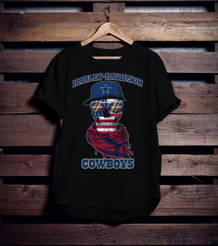 Harley Davidson Usa Cowboys Skull With Flag Bandana And Star Cap T-Shirt