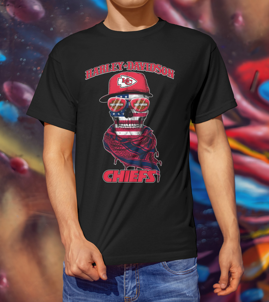 Harley Davidson Kansas City Chiefs Skull Usa Flag Bandana T-Shirt