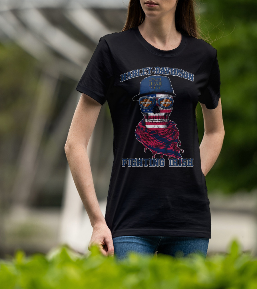 Harley Davidson Notre Dame Fighting Irish Skull With American Flag And Bandana T-Shirt
