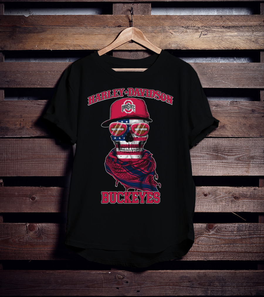 Harley Davidson Ohio State Buckeyes Usa Flag Skull T-Shirt