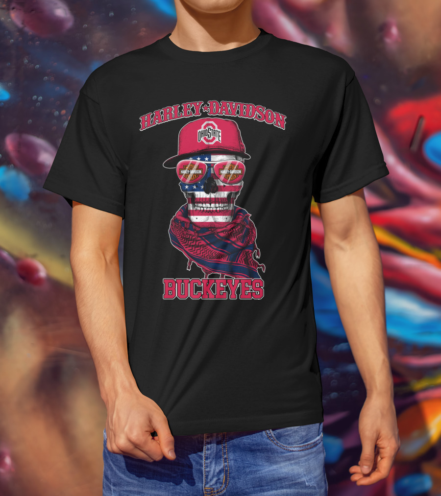 Harley Davidson Ohio State Buckeyes Usa Flag Skull T-Shirt