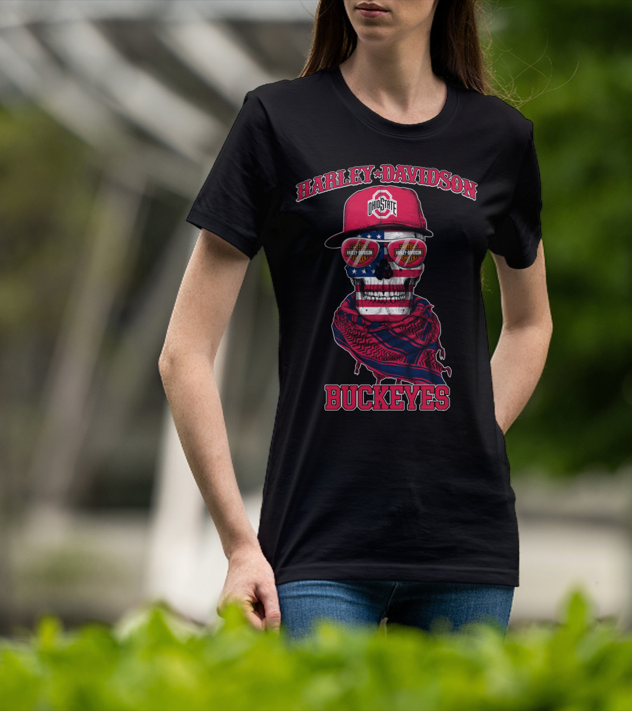 Harley Davidson Ohio State Buckeyes Usa Flag Skull T-Shirt