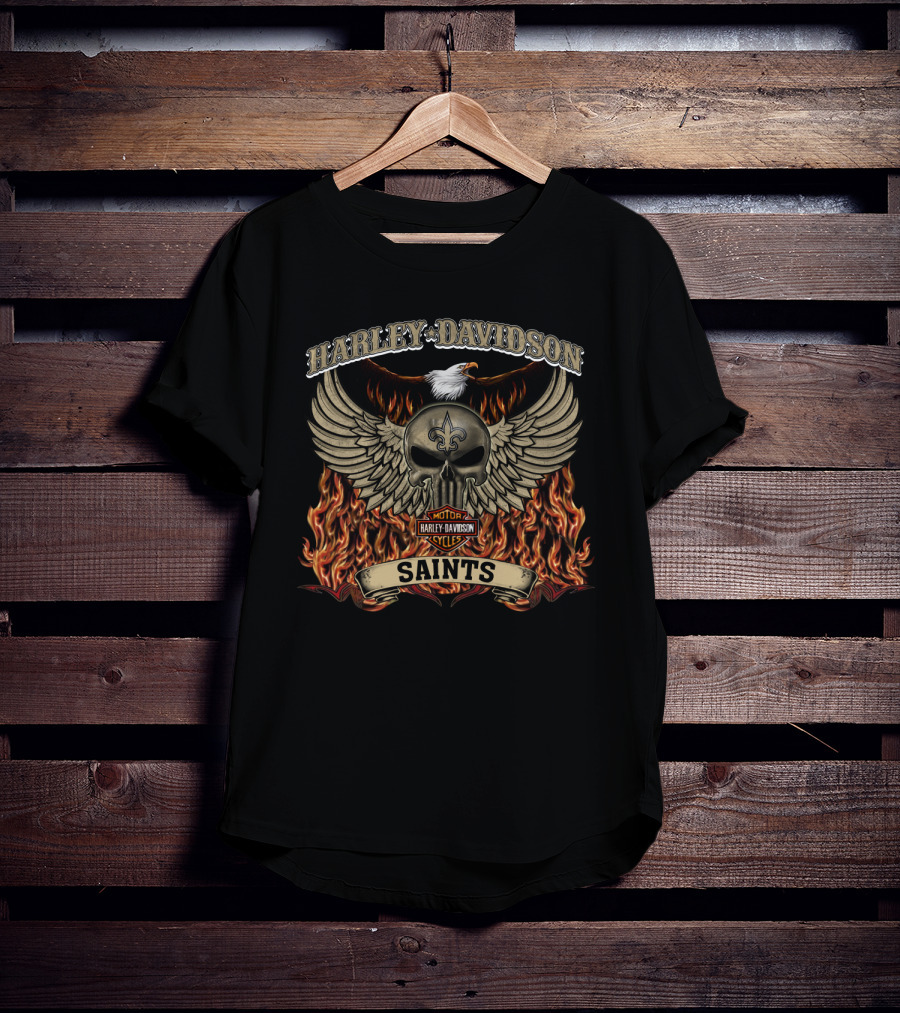 Harley Davidson Motor Cycles Saints New Orleans Flames And Skull T-Shirt