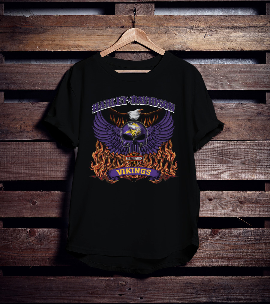 Harley Davidson Minnesota Vikings Nfl Motorcycles Flaming Winged Skull T-Shirt