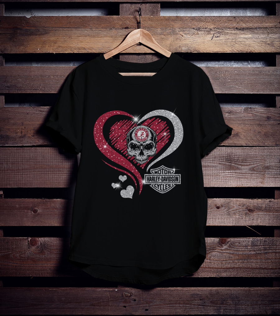 Alabama Crimson Tide Skull Heart Harley Davidson Motor Cycles T-Shirt