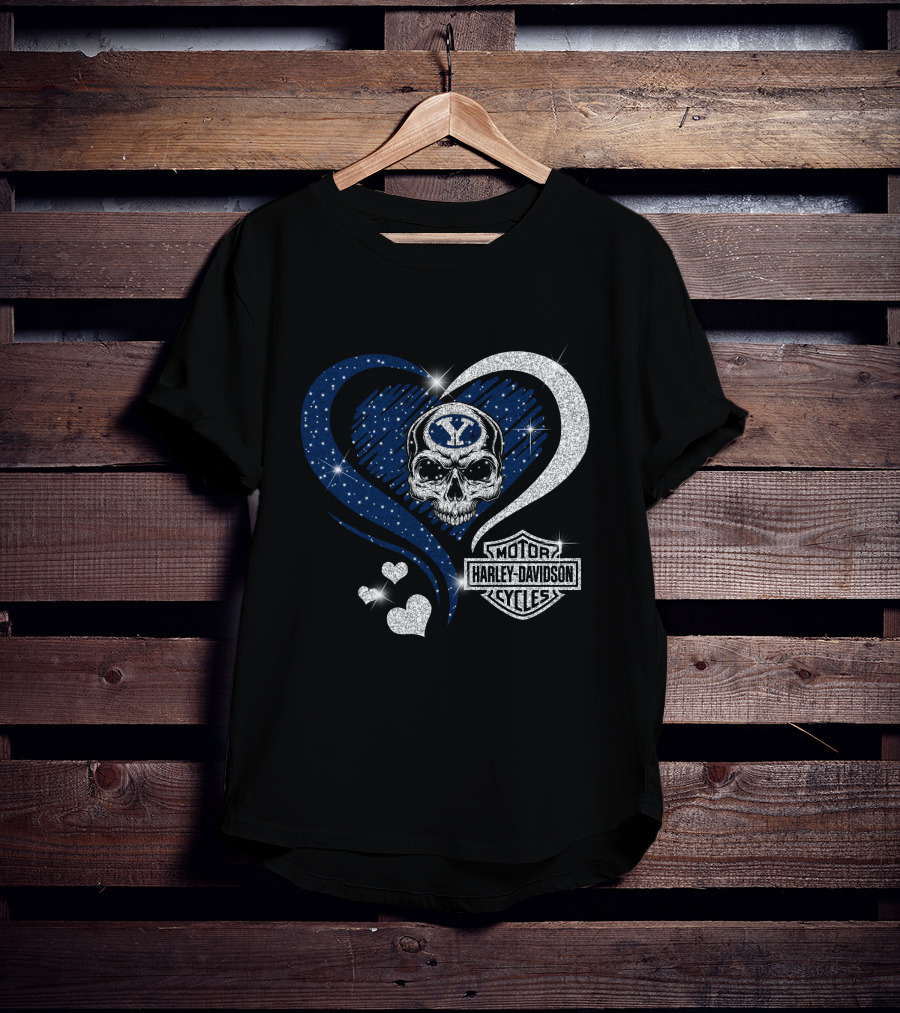 Ncaa Byu Cougars Skull Heart Harley Davidson Motor Cycles T-Shirt