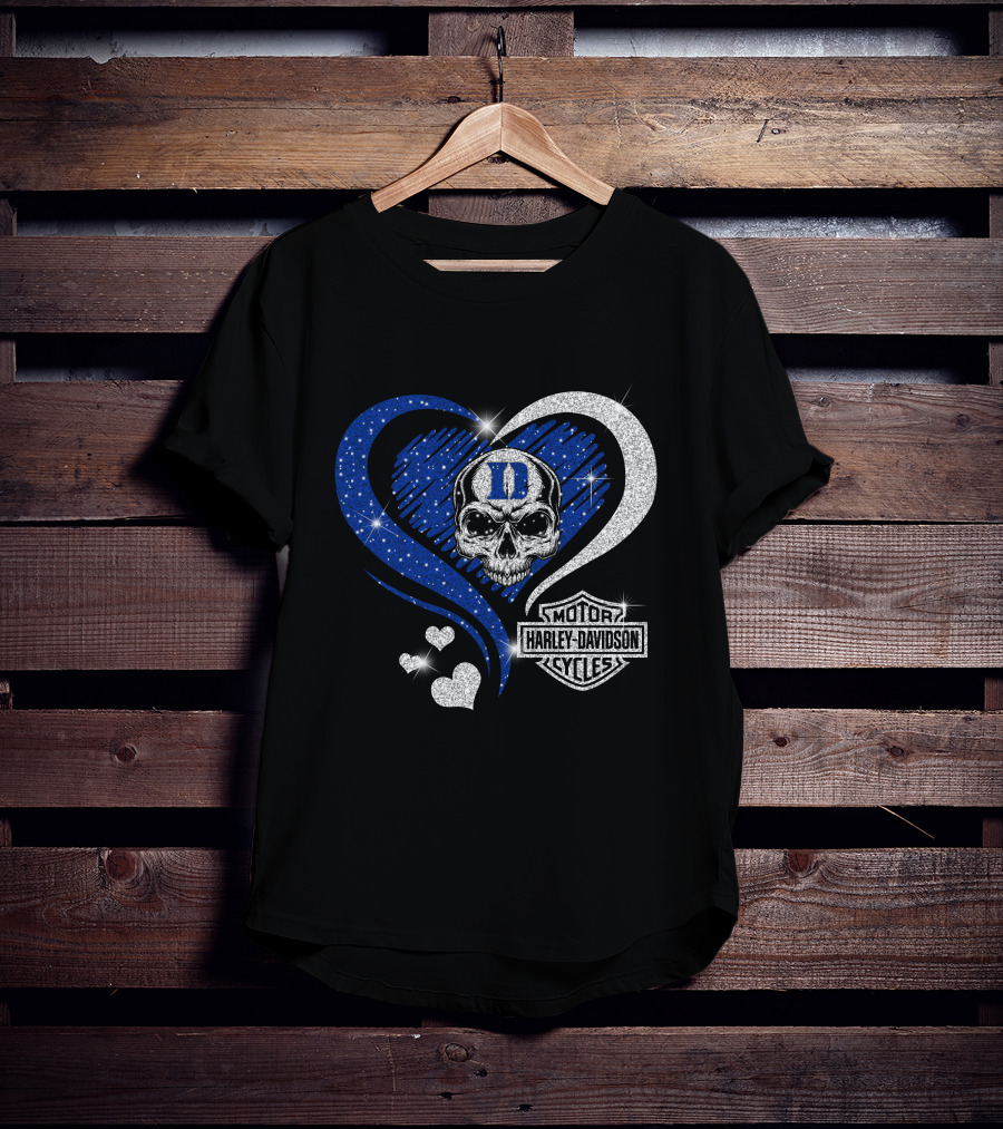 Duke Blue Devils Skull Heart Harley Davidson Motor Cycles Sparkle T-Shirt