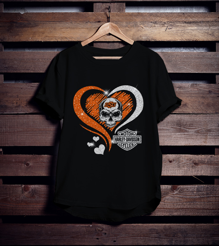 Ncaa Oklahoma State Cowboys Osu Skull Love Motor Harley Davidson Cycles T-Shirt