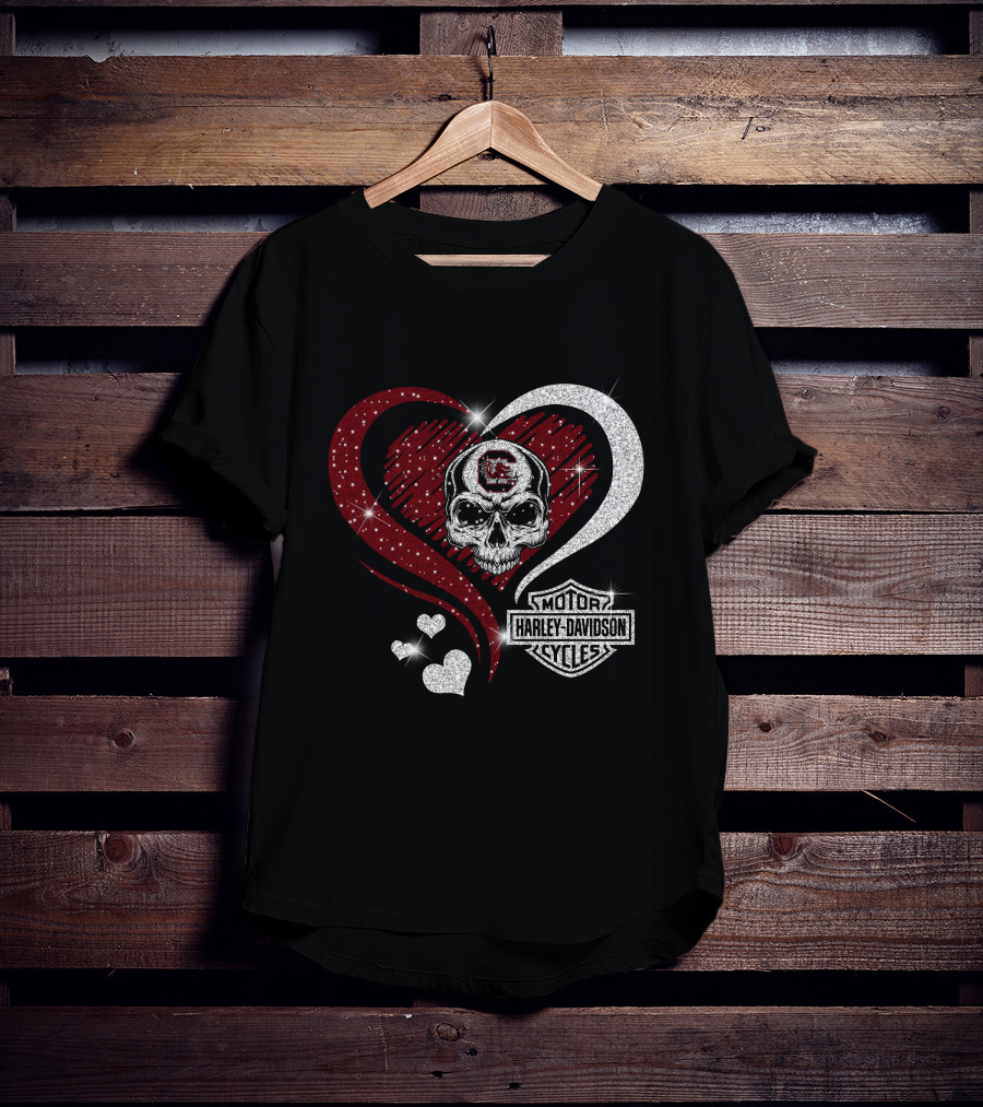 Ncaa South Carolina Gamecocks Skull Heart Harley Davidson Cycles T-Shirt