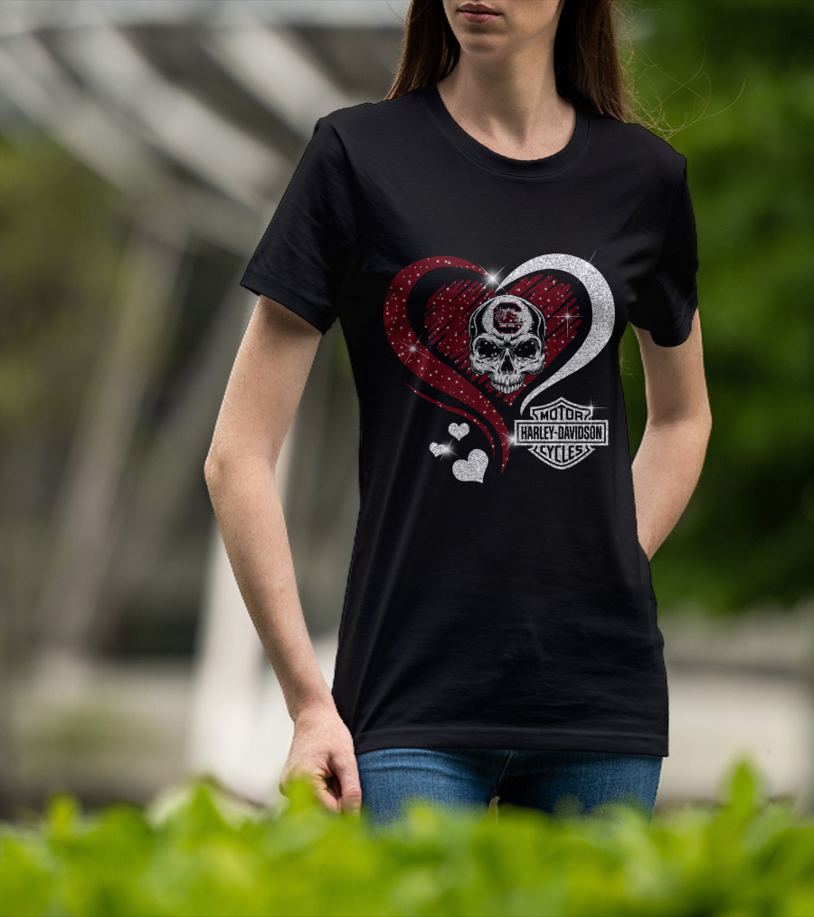 Ncaa South Carolina Gamecocks Skull Heart Harley Davidson Cycles T-Shirt