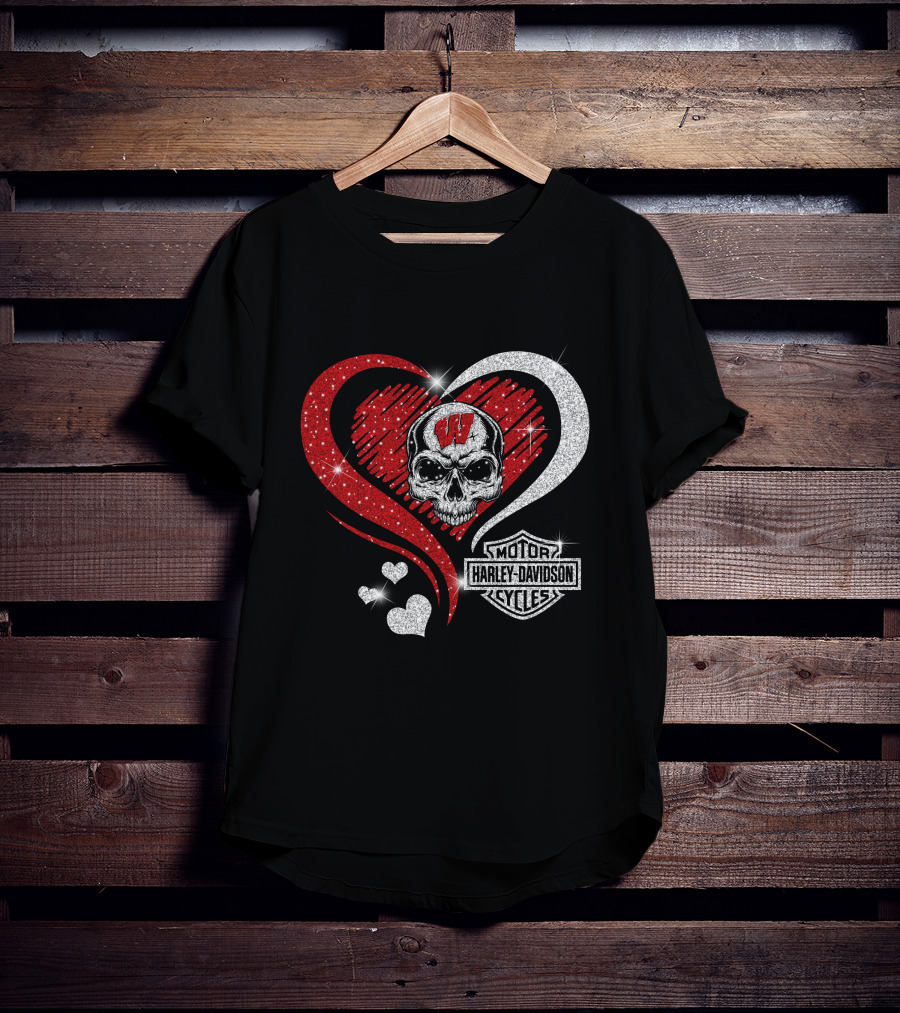 Ncaa Wisconsin Badgers Harley Davidson Skull Heart T-Shirt