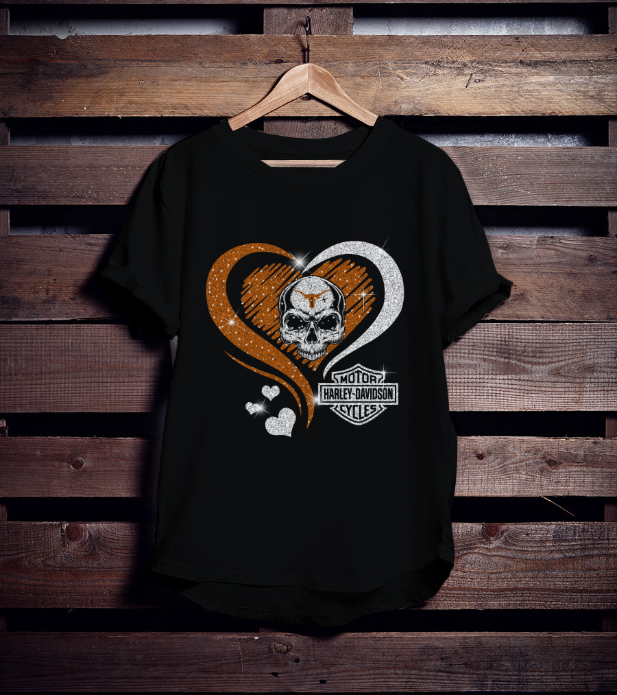 Ncaa Texas Longhorns Harley Davidson Skull Heart T-Shirt