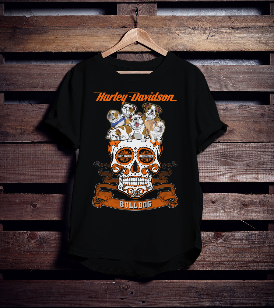 Harley Davidson Bulldog Skull Motif With Bulldogs T-Shirt