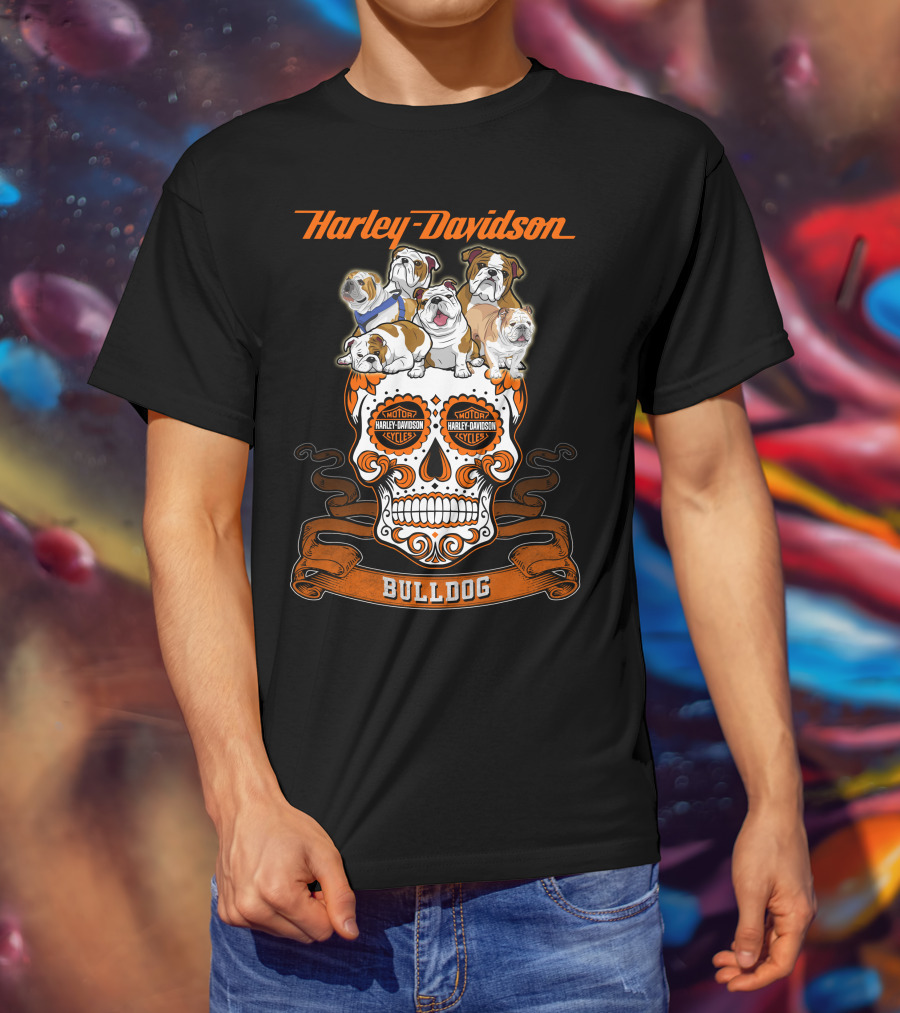 Harley Davidson Bulldog Skull Motif With Bulldogs T-Shirt