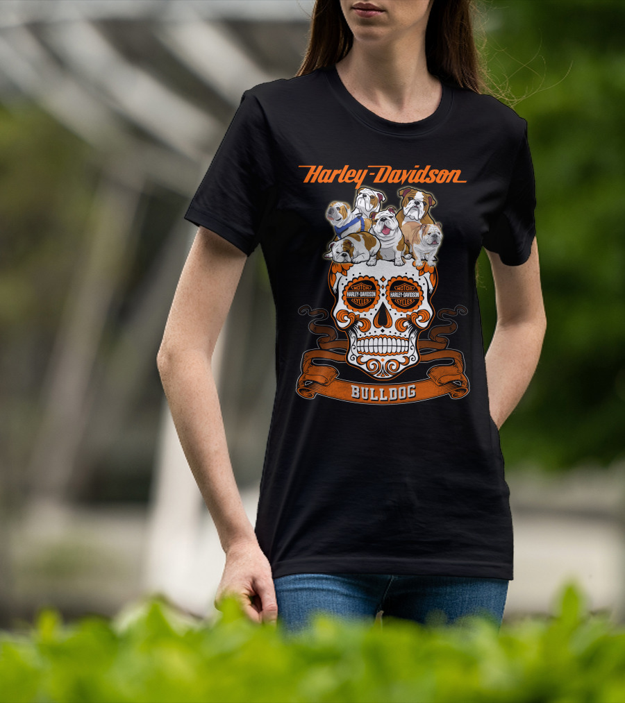 Harley Davidson Bulldog Skull Motif With Bulldogs T-Shirt