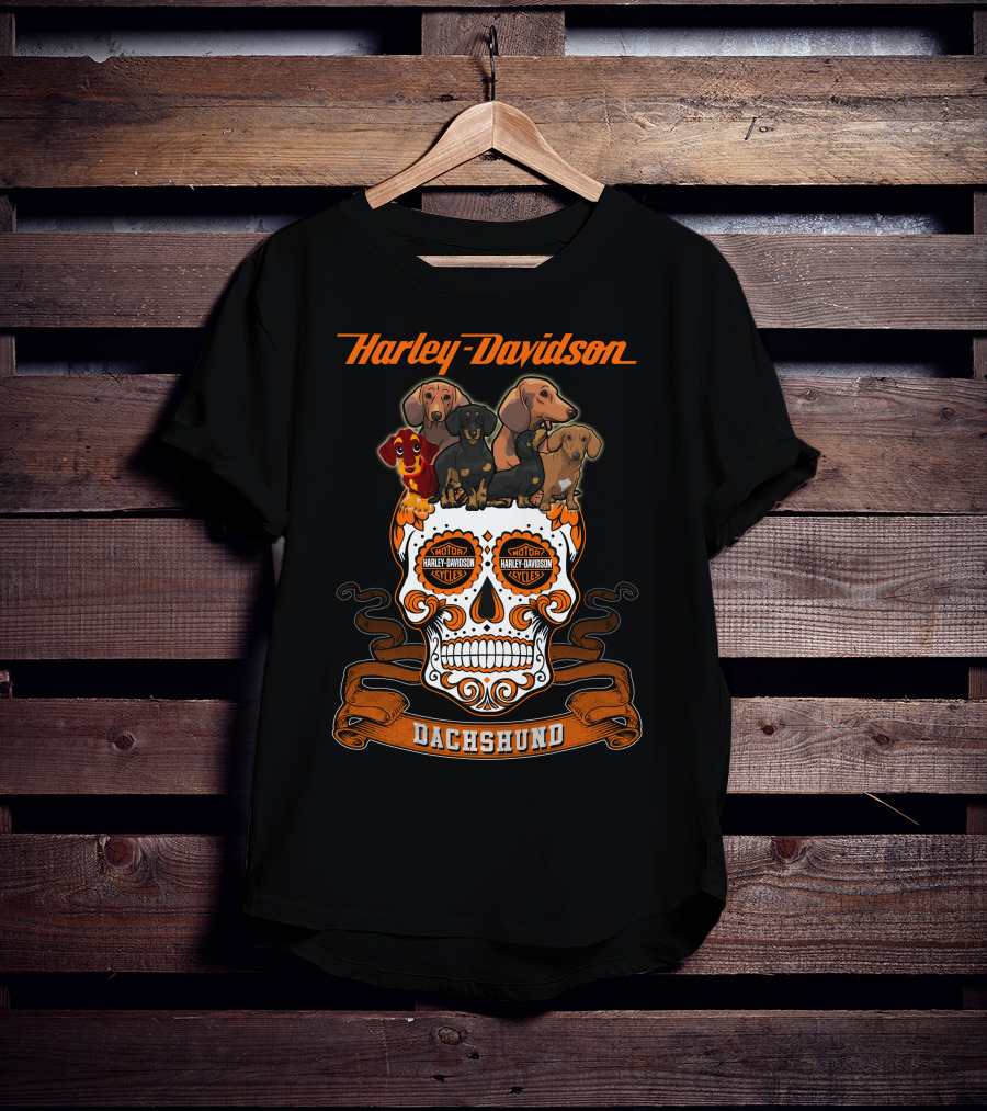 Harley Davidson Dachshund Skull With Motorcycles And Dachshunds T-Shirt