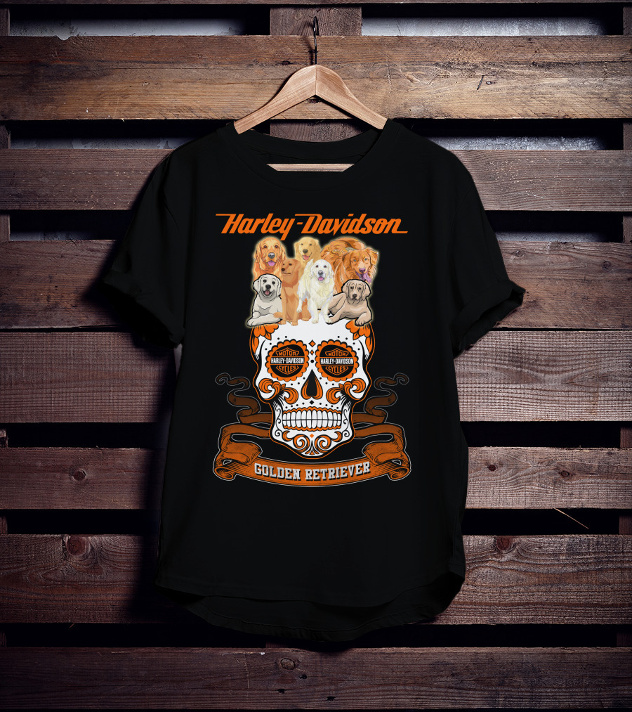 Harley Davidson Golden Retriever Skull Motif T-Shirt